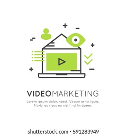 Vector Icon Style Illustration of Video Marketing, Internet E-Mail or Mobile Notifications and Offer Marketing and Social Campaign. Promotion Process Concept