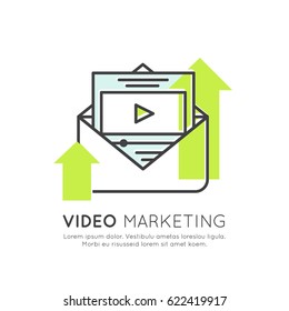 Vector Icon Style Illustration of Video Marketing, Internet E-Mail or Mobile Notifications and Offer Marketing and Social Campaign. Promotion Process Concept