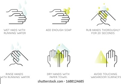Vector Icon Style Illustration Web Set of Hands Disinfection Cleaning with Water and Soap Recommendation, Virus Spread Prevention Method, Isolated Minimalistic Picture