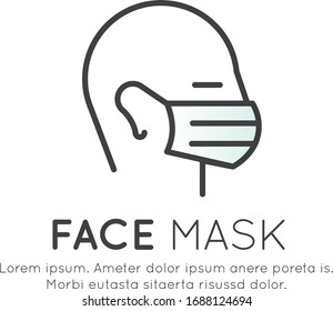 Vector Icon Style Illustration Web Badge of Human Wearing a Face Mask, Raspirator, Corona Virus Spread Prevention Method, Isolated Minimalistic Picture