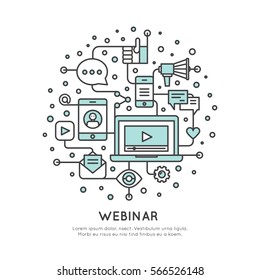 Vector Icon Style Illustration of Webinar and Presentation Video Live Stream Concept, Isolated Web Page Background