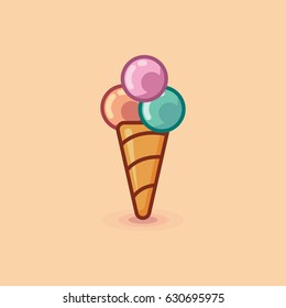 Vector icon in style linework ice cream in waffle horn three different colored balls on light background. Ice cream dessert set balls vector illustration