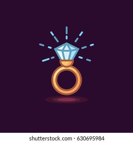 Vector icon in style linework jeweler gold ring with diamond on dark background. Illustration style linework gold ring with shiny brilliant