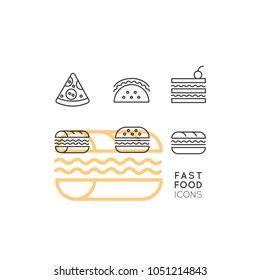 Vector Icon Style Logo Set Of Simple Cartoon Fast Food Items, Hot Dog, Wrap, Pizza, Burrito And Sandwich, Burger, Isolated Linear Design Collection