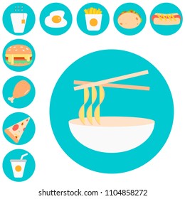 Vector icon style logo set of fast food items in color round design.