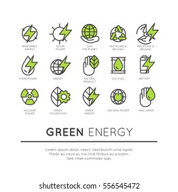 Vector Icon Style Logo Set of thin line icons of environment, renewable energy, sustainable technology, recycling, ecology solutions. Icons for website, mobile app design