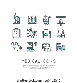 Vector Icon Style Logo Set of Medical diagnostic icons and objects. Medical icons made in line style. Healthcare research symbols. Medical symbols isolated set