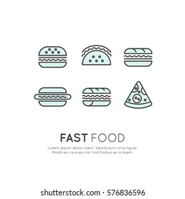 Vector Icon Style Logo Set Of Fat Food Items, Hot Dog, Wrap, Pizza, Burrito And Sandwich, Burger, Isolated Linear Design Collection