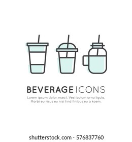 Vector Icon Style Logo Set Of Smoothie, Hot Drink, Chocolate, Tea, Soft Drink, Juice, Water In Jar, Plastic Cup, Paper Cup, Isolated Linear Design Collection