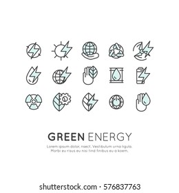 Vector Icon Style Logo Set Of Thin Line Icons Of Environment, Renewable Energy, Sustainable Technology, Recycling, Ecology Solutions. Icons For Website, Mobile App Design