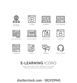 Vector Icon Style Logo Set Of E-learning Services, Online Education, Support, Webinar, Presentation, E-book, Certificate, Feedback, Isolated Linear Design Collection