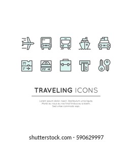 Vector Icon Style Logo Set of Traveling, Boat and Car Trip, Flight, Train Ticket, Money and Key, Isolated Linear Design Concept