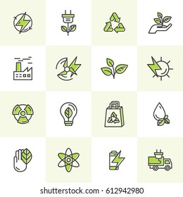 Vector Icon Style Logo Set of environment, renewable energy, sustainable technology, recycling, ecology solutions. Website, mobile app design, electric car, bio technology, package, solar power