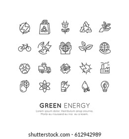Vector Icon Style Logo Set Design of environment, renewable energy, sustainable technology, recycling, ecology solutions. Website, mobile app design, electric car,bio technology, package, solar power