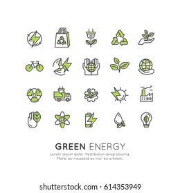 Vector Icon Style Logo Set Design of environment, renewable energy, sustainable technology, recycling, ecology solutions. Website, mobile app design, electric car,bio technology, package, solar power