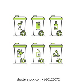 Vector Icon Style Logo Set Design Of Environment, Renewable Energy, Sustainable Technology, Recycling, Ecology Solutions. Icons For Website, Mobile App Design, Trash Waste Bin Separation