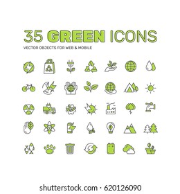 Vector Icon Style Logo Set Design of environment, renewable energy, sustainable technology, recycling, ecology solutions. Icons for web, mobile app, electric car, bio technology, package, solar power