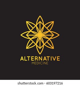 Vector Icon Style Logo Sign of  Alternative Medicine. IV Vitamin Therapy, Anti-Aging, Wellness, Ayurveda, Chinese Medicine. Holistic centre. Green Energy Mandala, Golden Modern Symbol