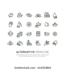 Vector Icon Style Logo Sign Set of  Alternative Medicine. IV Vitamin Therapy, Anti-Aging, Wellness, Ayurveda, Chinese Medicine. Holistic centre. Green Energy Mandala
