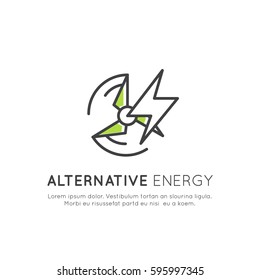 Vector Icon Style Logo Template with thin line icons of environment, renewable energy, sustainable technology, recycling, ecology solutions. Icons for website, mobile app design