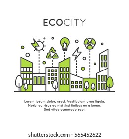 Vector Icon Style One Page Web Design Template With Environment, Renewable Energy, Sustainable Technology, Recycling, Ecology Solutions. Icons For Website, Mobile App Design, Green Smart City