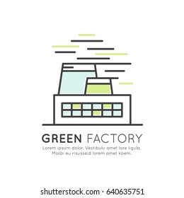 Vector Icon Style One page Web Design Template with thin line icons of environment, renewable energy, sustainable technology, recycling, ecology solutions, eco green factory landscape