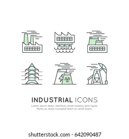 Vector Icon Style Web Design Collection Set Of Environment, Renewable Energy, Sustainable Technology, Recycling, Ecology Solutions, Eco Green Factory Landscape. Icons For Website, Mobile And App 