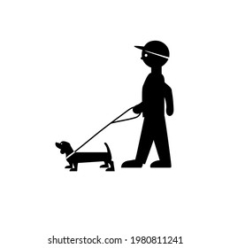 Vector icon of a stylized little boy in a baseball cap with a dachshund dog on a leash. Isolated on white background, black pictogram, flat illustration of a child walking forward with a pet.