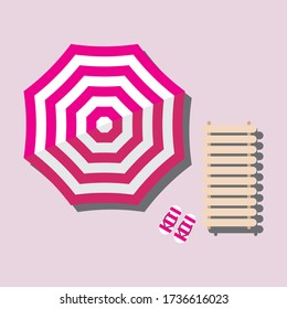 Vector icon of summer vacation with an umbrella, flip flops and a beach bench with a pink color concept and view on top.