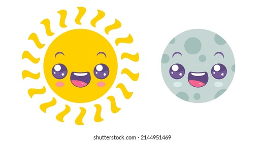 Vector icon of sun and moon in kawaii style. Vector emoji of funny sun and moon.
