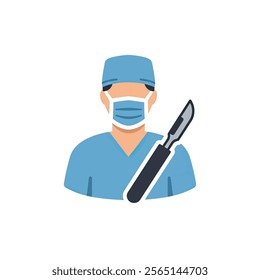 Vector icon of a surgeon with a surgical mask and surgical knife in hand.