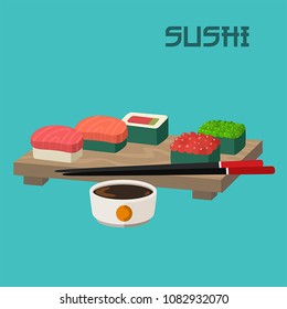 vector Icon sushi set and rolls set on a wooden board. Nearby is a plate of soy sauce. Text: Sushi.