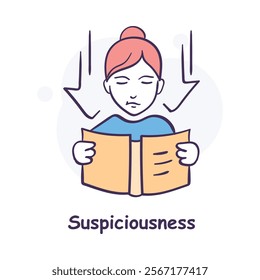 Vector icon for suspiciousness. Hand-drawn illustration of a person reading with an alert expression, symbolizing doubt and mistrust.