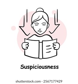 Vector icon for suspiciousness. Hand-drawn illustration of a person reading with an alert expression, symbolizing doubt and mistrust.