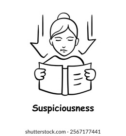 Vector icon for suspiciousness. Hand-drawn illustration of a person reading with an alert expression, symbolizing doubt and mistrust.