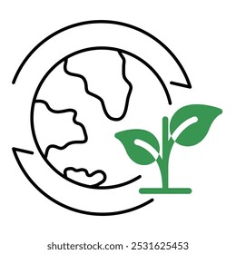Vector icon of Sustainability with Earth and green leaf symbol. A simple line drawing of the Earth with a green leaf, symbolizing sustainability and eco-consciousness.