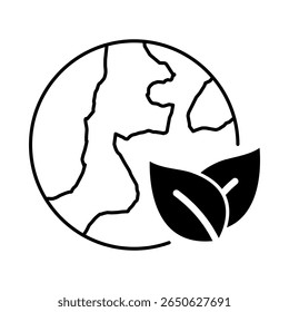 Ícone vetorial de Sustainability - Earth and Leaf Representing Eco-Friendly AI Practices. Contorno Preto. Ilustração vetorial.