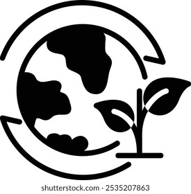 Vector icon of Sustainability. The Earth with leaves represents environmental sustainability and eco-conscious living. Ideal for eco-friendly projects and green initiatives.
