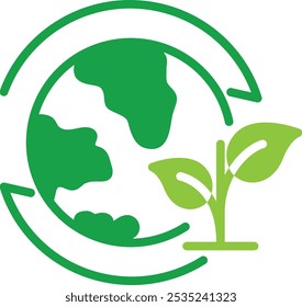 Vector icon of sustainability. Green Earth with a leaf, symbolizing environmental sustainability and eco-friendly practices.