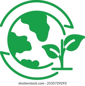 Ícone de vetor de Sustentabilidade. Este ícone retrata a Terra cercada por folhas, simbolizando o compromisso com práticas sustentáveis e proteção ambiental.