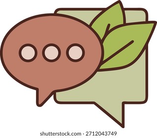 Icono de Vector de la comunicación sostenible. Dos burbujas de discurso, una con elipses, una con hojas verdes. Representa el diálogo ecológico y los mensajes medioambientales.