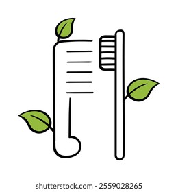 Vector icon for Sustainable Personal Care. A toothbrush with leaves symbolizing eco-friendly and biodegradable personal care products.