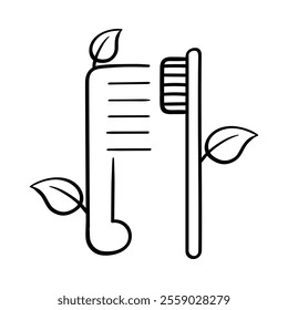 Vector icon for Sustainable Personal Care. A toothbrush with leaves symbolizing eco-friendly and biodegradable personal care products.