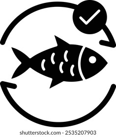 Icono de Vector de mariscos sostenibles con un pescado y marca de verificación. Diseño plano negro con un pescado encerrado en una flecha circular, que representa la sostenibilidad en la industria del marisco.