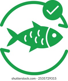 Vector icon of Sustainable Seafood. This icon shows a fish with a checkmark, representing the importance of sustainable fishing practices.