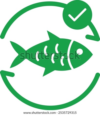 Vector icon of Sustainable Seafood. This icon shows a fish with a checkmark, representing the importance of sustainable fishing practices.