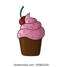 Vector icon sweet pink cake with a cherry.