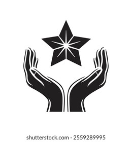 A vector icon symbol with two hands, gently lifting a star upward. symbolizing guidance, mentorship, and achievement