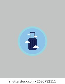  Icono de Vector que simboliza el viaje, maleta azul sobre un fondo azul-turquesa con nubes