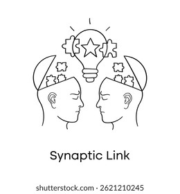Vector icon for Synaptic Link. Line art of two heads facing each other with puzzle pieces and a lightbulb between them, symbolizing connected thinking and collaboration.
